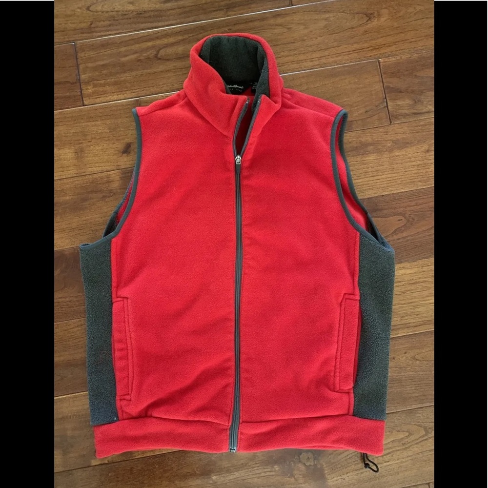 vintage EDDIE BAUER Fleece Vest RED GREY Men's small Pockets Hidden Cinch